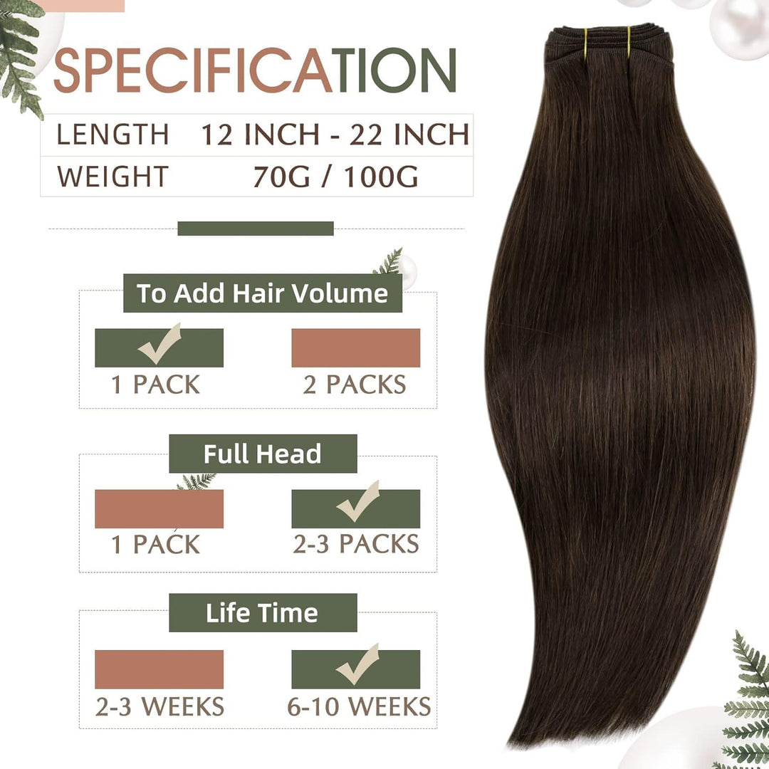RUNATURE Echthaar Tressen Zum Einnähen Dunkelbraun 45cm Glatt Tressen Echthaar Braun Echte Haar 100g