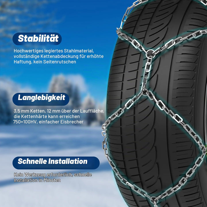 Schneeketten Legierung Stahl, 2 Stück x 12mm, Schneekette mit Spanner, Notfall-Traktions-Schneekette