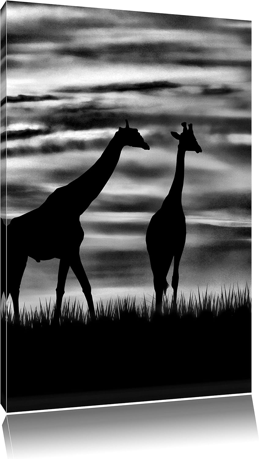 Pixxprint Monocrome, Afrika Giraffen im Sonnenuntergang, Format: 100x70 auf Leinwand, XXL riesige Bi