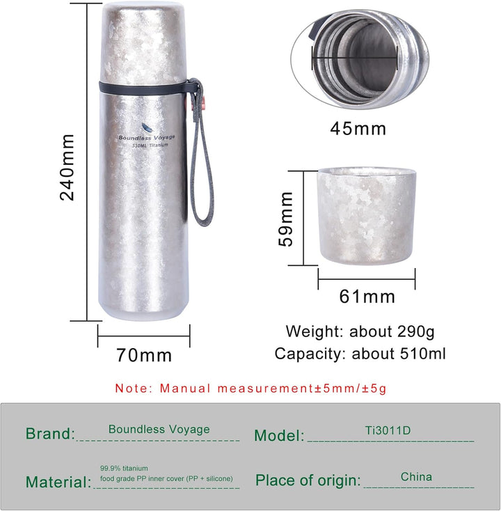 iBasingo 510ml Titan Thermos Flaschen Trinkflasche Isolierflasche Vakuum Flasche Sport Reise Kaffee
