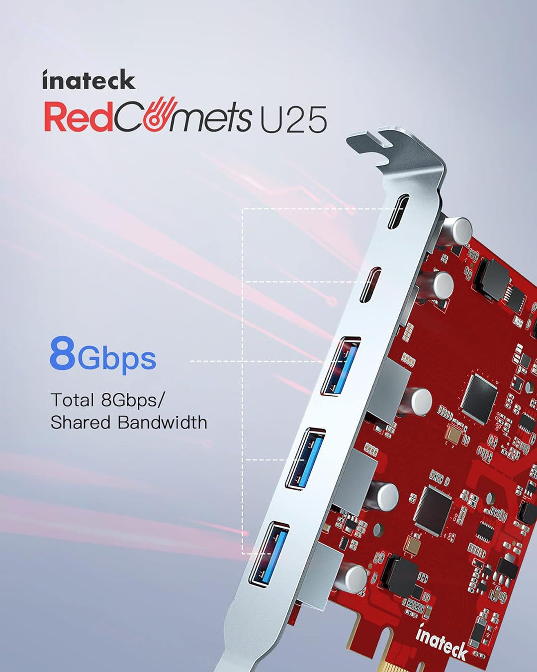 Inateck RedComets U25, PCIe 3.0 x1 USB Karte mit 3 USB-A Ports und 2 USB-C Ports, 8 Gbit/s, Keine Ex