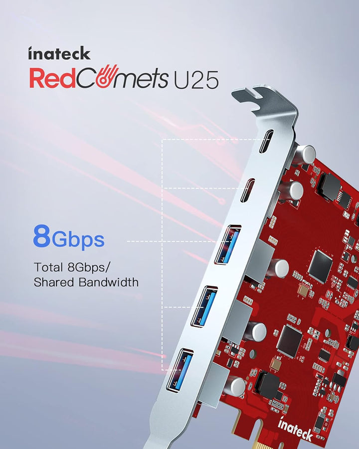 Inateck RedComets U25, PCIe 3.0 x1 USB Karte mit 3 USB-A Ports und 2 USB-C Ports, 8 Gbit/s, Keine Ex