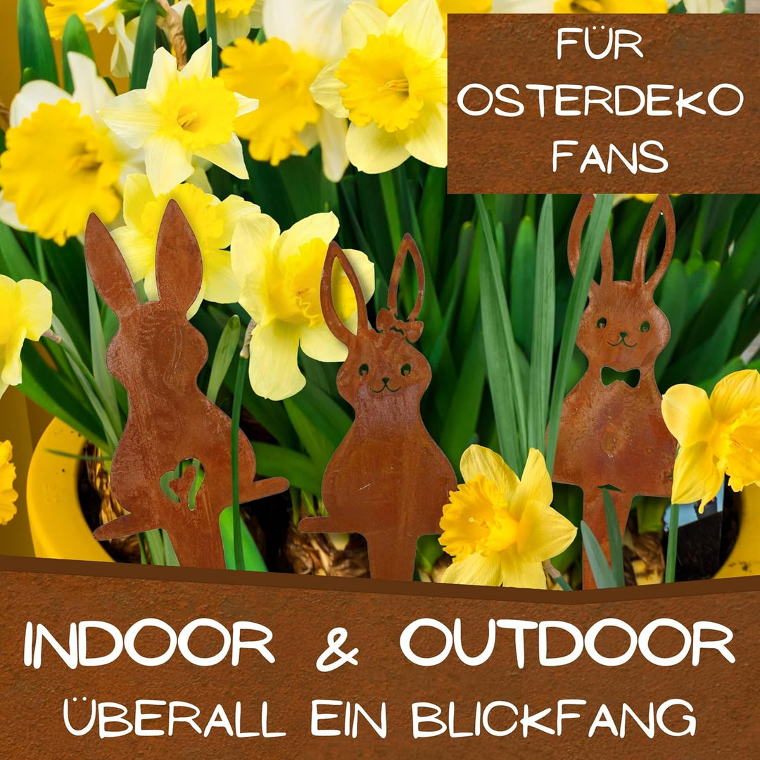 Rostikal Gartenstecker Hase 3er Set – Wetterfeste Cortenstahl Deko für Garten, Balkon oder Wohnzimme