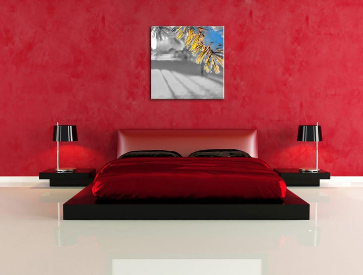Pixxprint Tannenzweig im Winter als Leinwandbild/Grösse: 70x70 cm/Wandbild/Kunstdruck/fertig bespann