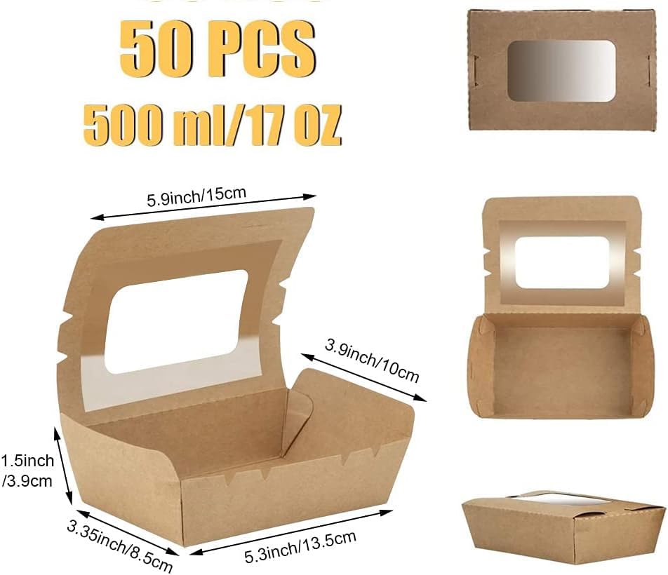 50 Stücke Kraftpapier Lunchbox 500ml/17oz, Kraftkarton Snackboxen, Take Away Box, mit Fenster, Öl un