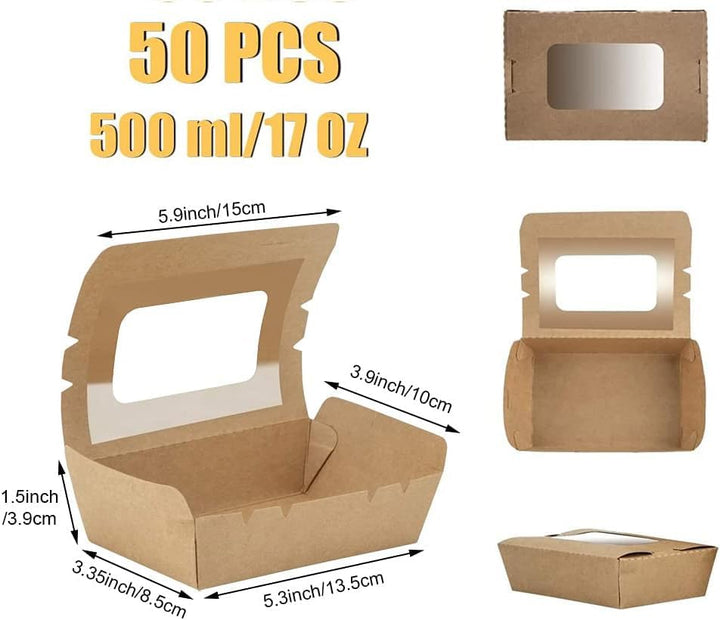 50 Stücke Kraftpapier Lunchbox 500ml/17oz, Kraftkarton Snackboxen, Take Away Box, mit Fenster, Öl un