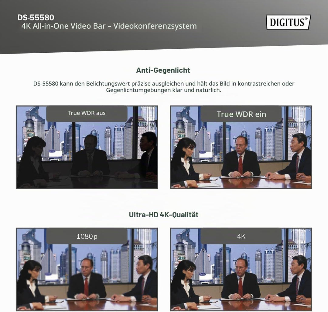 DIGITUS DS-55580 Video Bar Pro, Video-Konferenz-System – 4K UHD 30 Hz ePTZ Webcam Kamera – 1 Tischmi