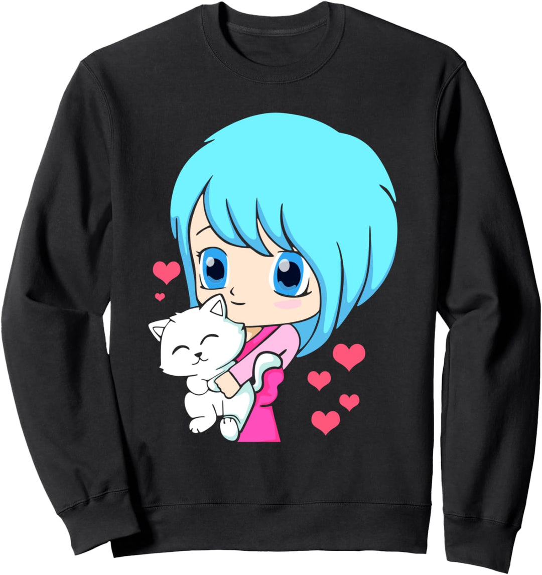 Süsses Anime-Mädchen mit einer Katze - Otaku Sweatshirt