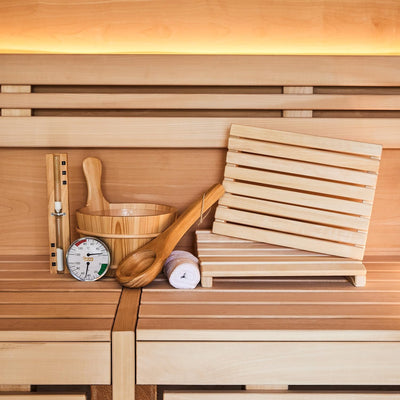 SUNNYDEALS klassisches Saunazubehörset | Saunaset 5-teilig aus naturbelassenem Holz | Saunaeimer & K