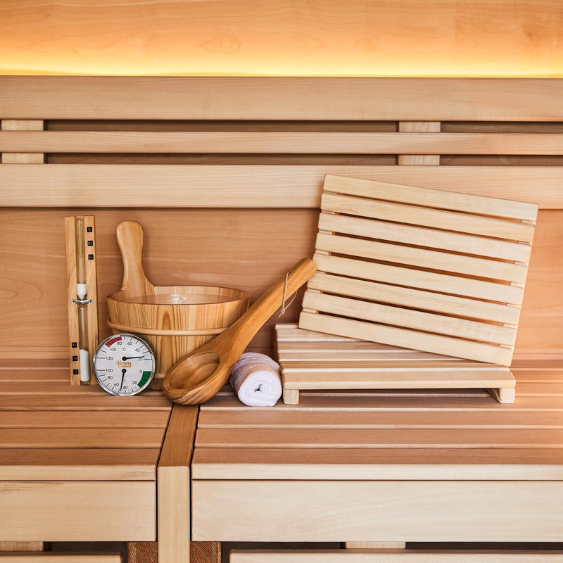 SUNNYDEALS klassisches Saunazubehörset | Saunaset 5-teilig aus naturbelassenem Holz | Saunaeimer & K