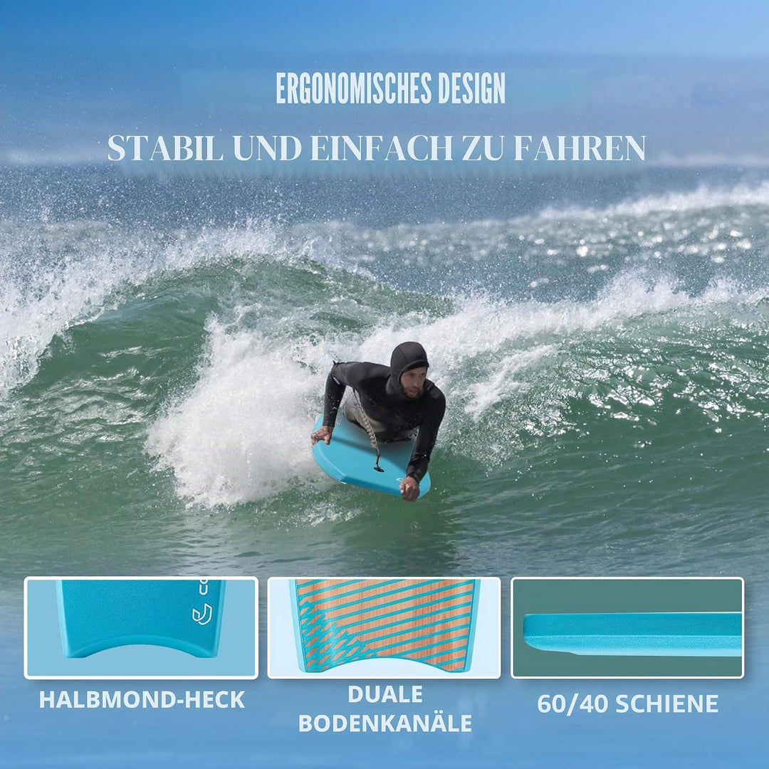 Body Boards for Beach Lightweight Durable Body Board with EPS Core Dual Channel Double Swivel Coiled