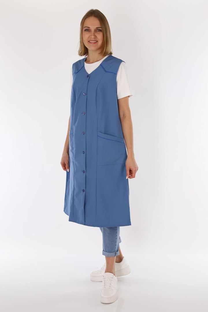 Damenkittel ohne Arm Kochschürze Kittel Schürze Knopfkittel einfarbig Hauskleid 42 Blau, 42 Blau