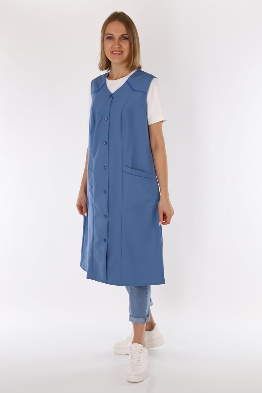 Damenkittel ohne Arm Kochschürze Kittel Schürze Knopfkittel einfarbig Hauskleid 44 Blau, 44 Blau