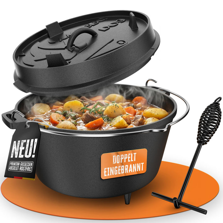 AMZBBQ® Premium Dutch Oven – Doppelt Eingebrannter Gusseisen Feuertopf – Rostbeständiger Schmortopf