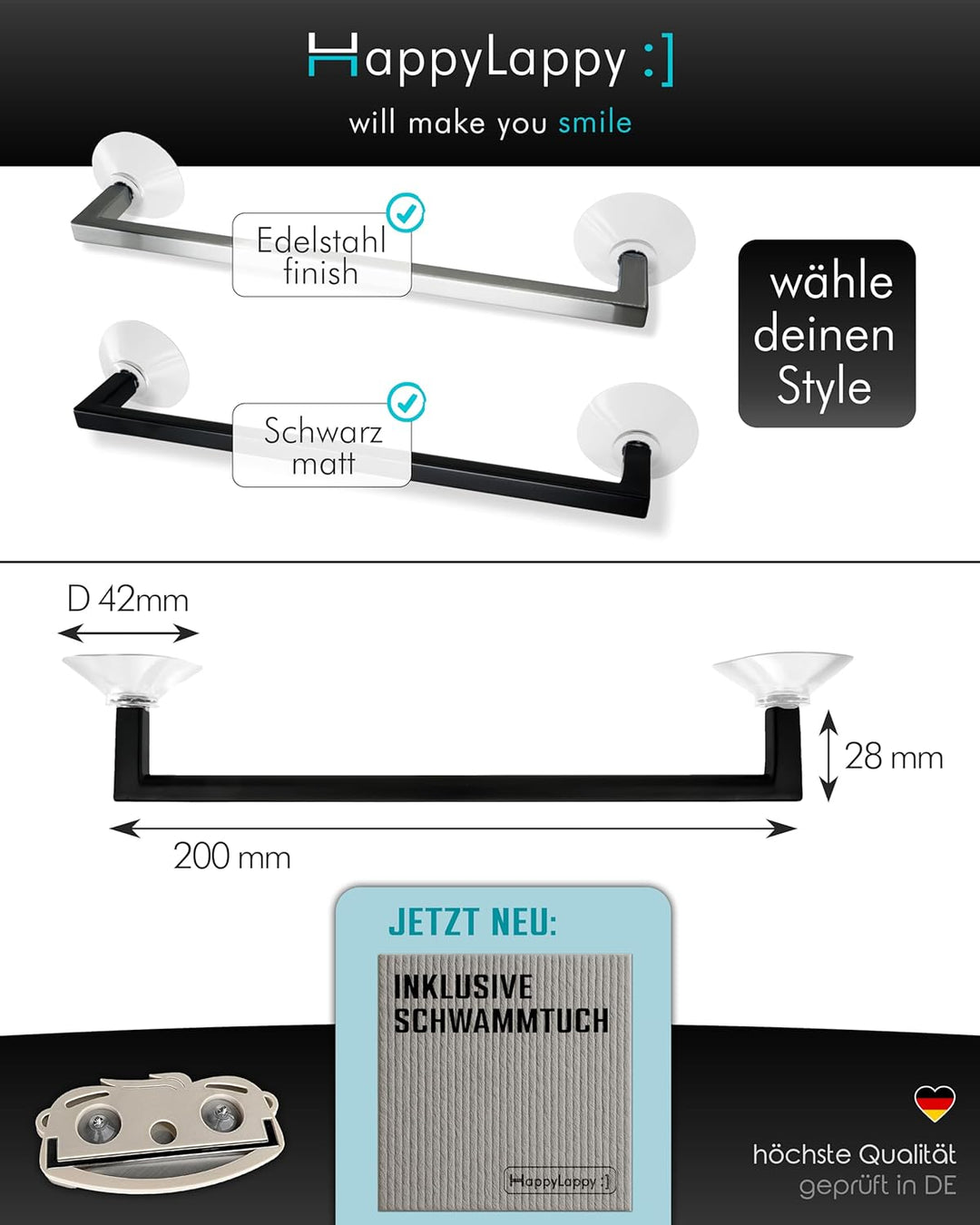 HappyLappy Spültuchhalter | Lappenhalter für Spülbecken ohne Bohren ohne Kleben | Spüllappenhalter m