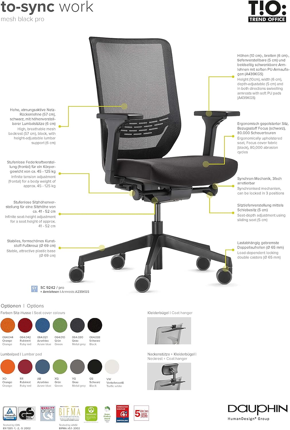 Trendoffice to-sync pro, ergonomischer Bürostuhl, mit Armlehnen, modernes Design, Homeoffice, umwelt