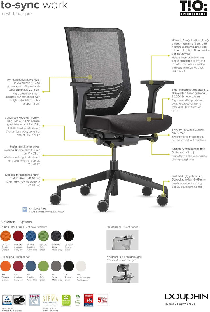 Trendoffice to-sync pro, ergonomischer Bürostuhl, mit Armlehnen, modernes Design, Homeoffice, umwelt
