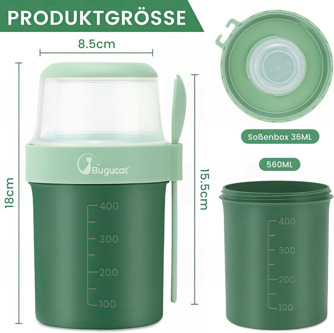 Bugucat 2in1 Müslibecher to Go 560ml+310ml, Praktischer Joghurtbecher & Müslibecher für Picknick 2er
