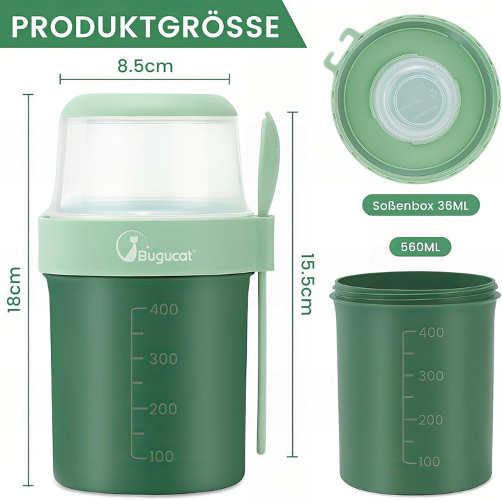 Bugucat 2in1 Müslibecher to Go 560ml+310ml, Praktischer Joghurtbecher & Müslibecher für Picknick 2er