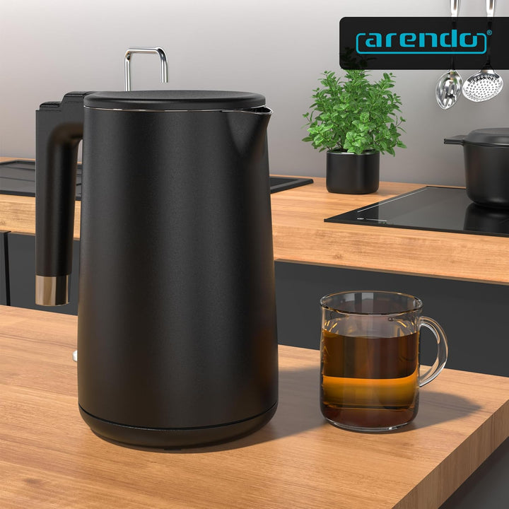 Arendo - Wasserkocher Edelstahl – 1,5 Liter - 2200 Watt – Doppelwand-Design – 360° Controller – BPA-