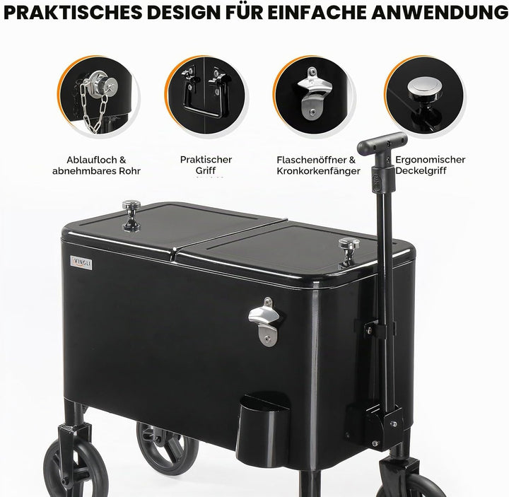 Bonnlo 57L Servierwagen mit Rollen, Getränkekühler – Mobiler Outdoor-Kühlwagen mit langem Griff, Abl