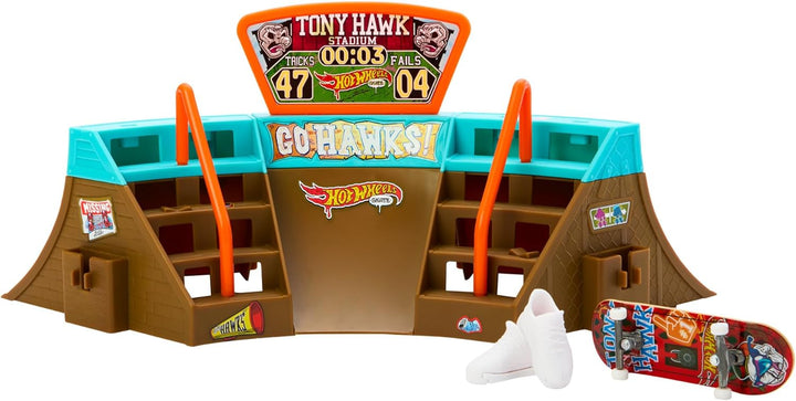 Hot Wheels Skate Stadion Skatepark - 360-Grad-Design, Tony Hawk Fingerboard, abnehmbare Skateschuhe,