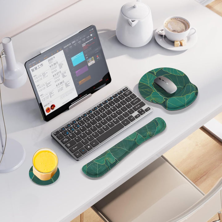 3-in-1 Mousepad Set, Mauspad mit Handauflage + Ergonomisches Tastatur-Handgelenkauflage + Untersetze