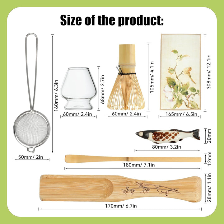 Matcha Set hat 8 Teile, Zeremonielles Matcha Tee Set, Glas Matcha Schale und handgemachter Matcha Sc
