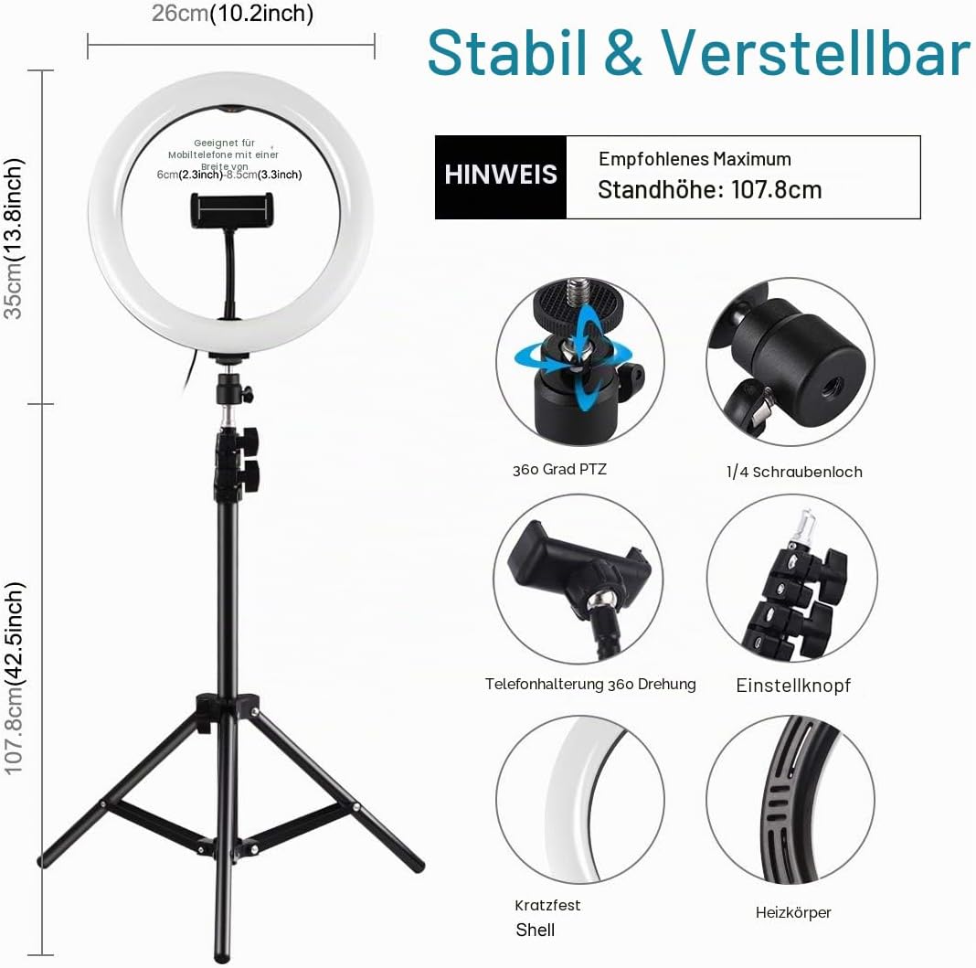 APP Life Ring Light für Selfies 10 Zoll - dreieckige Halterung - 3 Beleuchtungsmodi mit 10 Helligkei