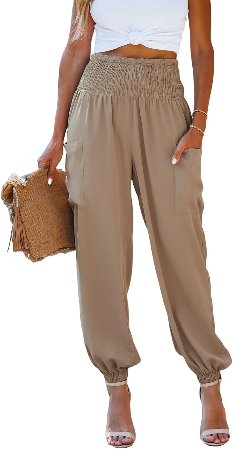 CUPSHE Damen Hose Leicht Jogginghose Hoher Bund Gesmokt Taille Freizeithose Smocked Sommer Haremshos