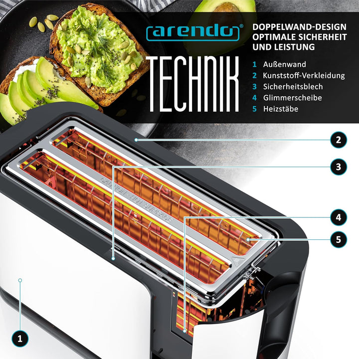Arendo - Edelstahl Toaster Langschlitz 4 Scheiben- Touchscreen – Doppelwandgehäuse – Integrierter Br