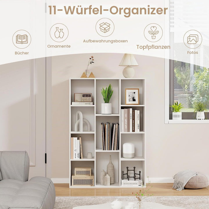 GIANTEX Bücherregal mit 11 Fächern, Standregal mit 2 Anti-Kipp-Kits, Aufbewahrungsregal aus Holz, 74