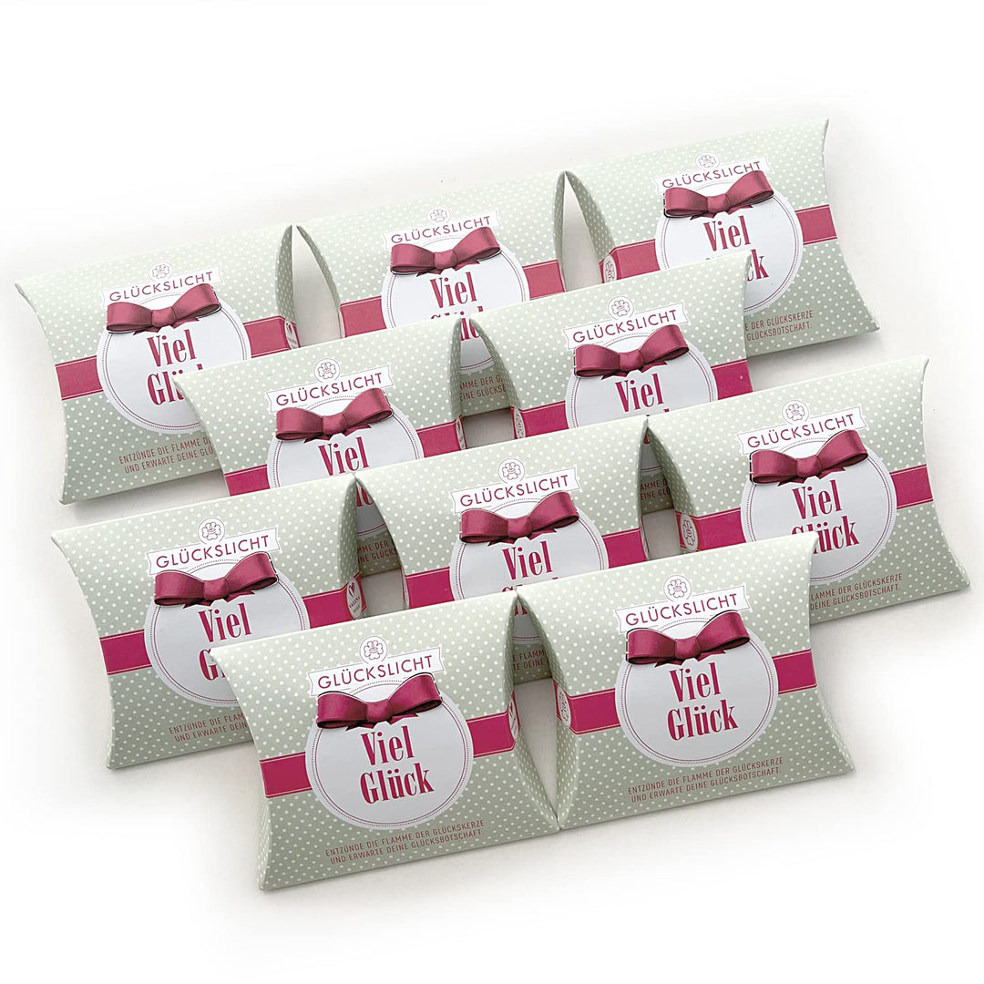 Glückslicht/Dots/Viel Glück/Zartgrüne Geschenkbox mit weissen Punkten und roter Banderole / 10er-Set