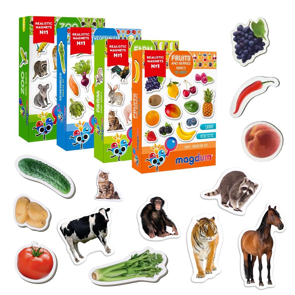 magdum 85 Kinder Magnete Zoo + BAUERNHOFTIERE + Obst + GEMÜSE Foto Magnete Kinder für magnettafel -