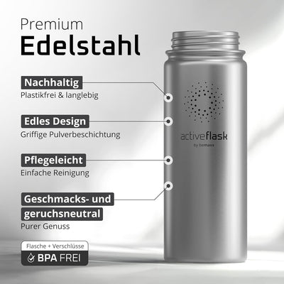 Trinkflasche Edelstahl ACTIVE FLASK + Strohhalm (3 Deckel) BPA-frei, Auslaufsicher, Kohlensäure geei