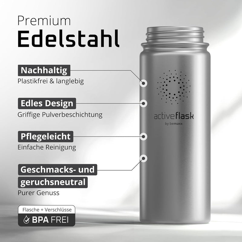 Trinkflasche Edelstahl ACTIVE FLASK + Strohhalm (3 Deckel) BPA-frei, Auslaufsicher, Kohlensäure geei