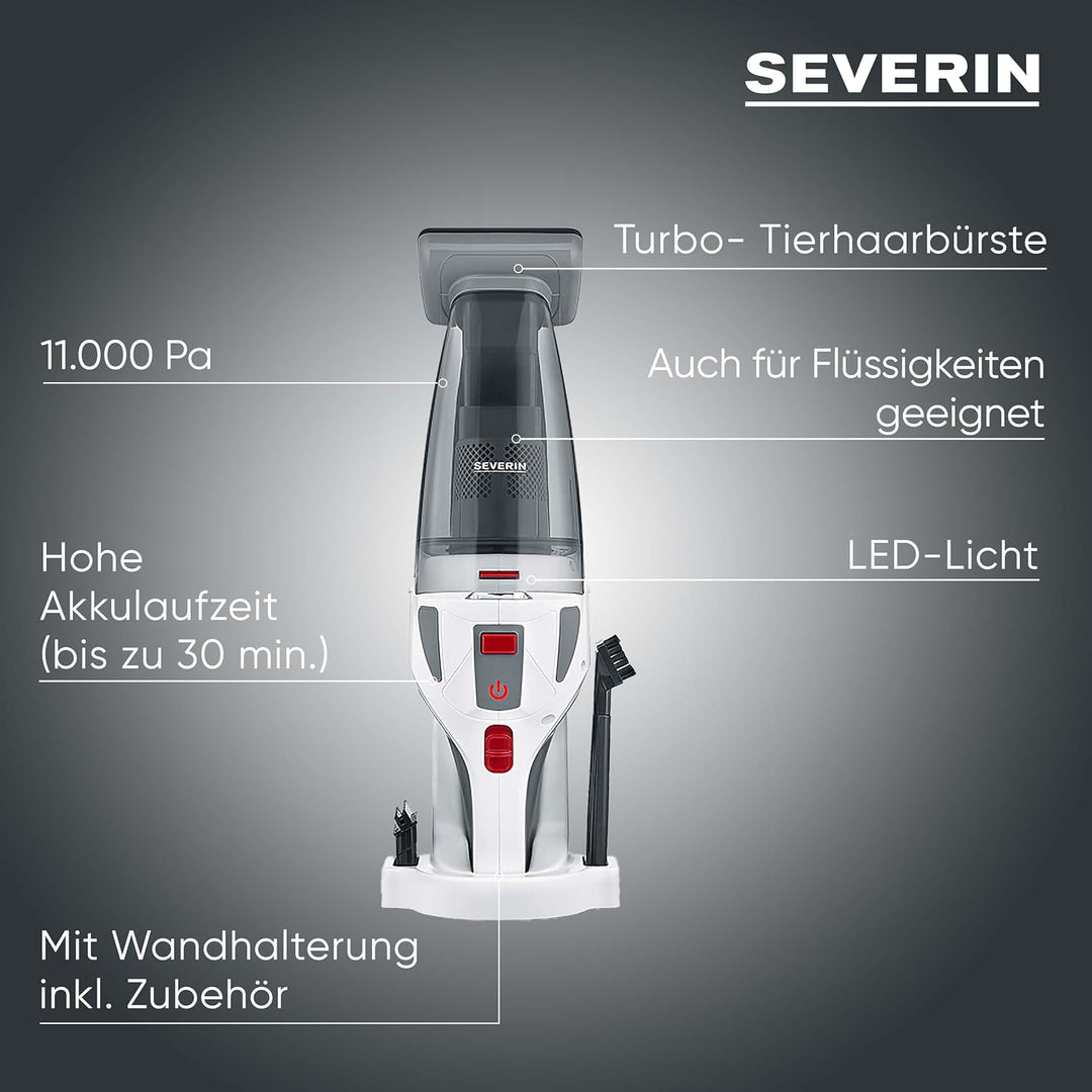 SEVERIN 4-in-1 Akku-Handstaubsauger, kabelloser Handstaubsauger für Autositze, Tierhaare und Flüssig