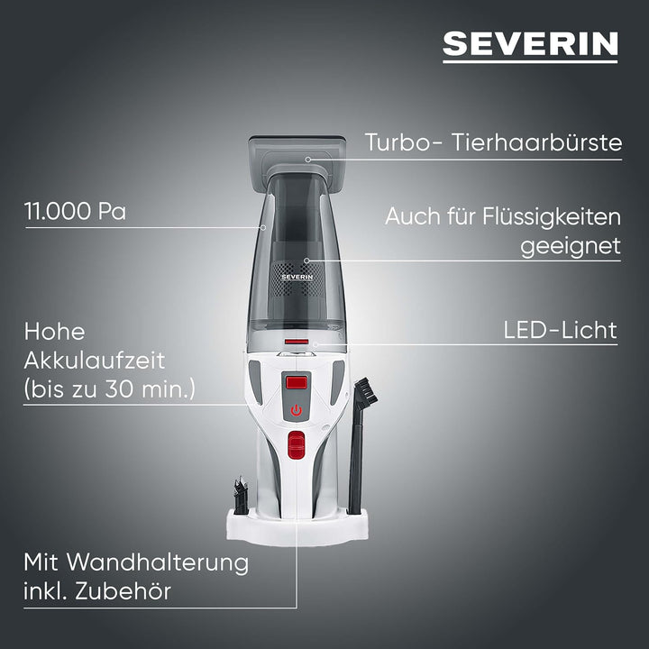 SEVERIN 4-in-1 Akku-Handstaubsauger, kabelloser Handstaubsauger für Autositze, Tierhaare und Flüssig