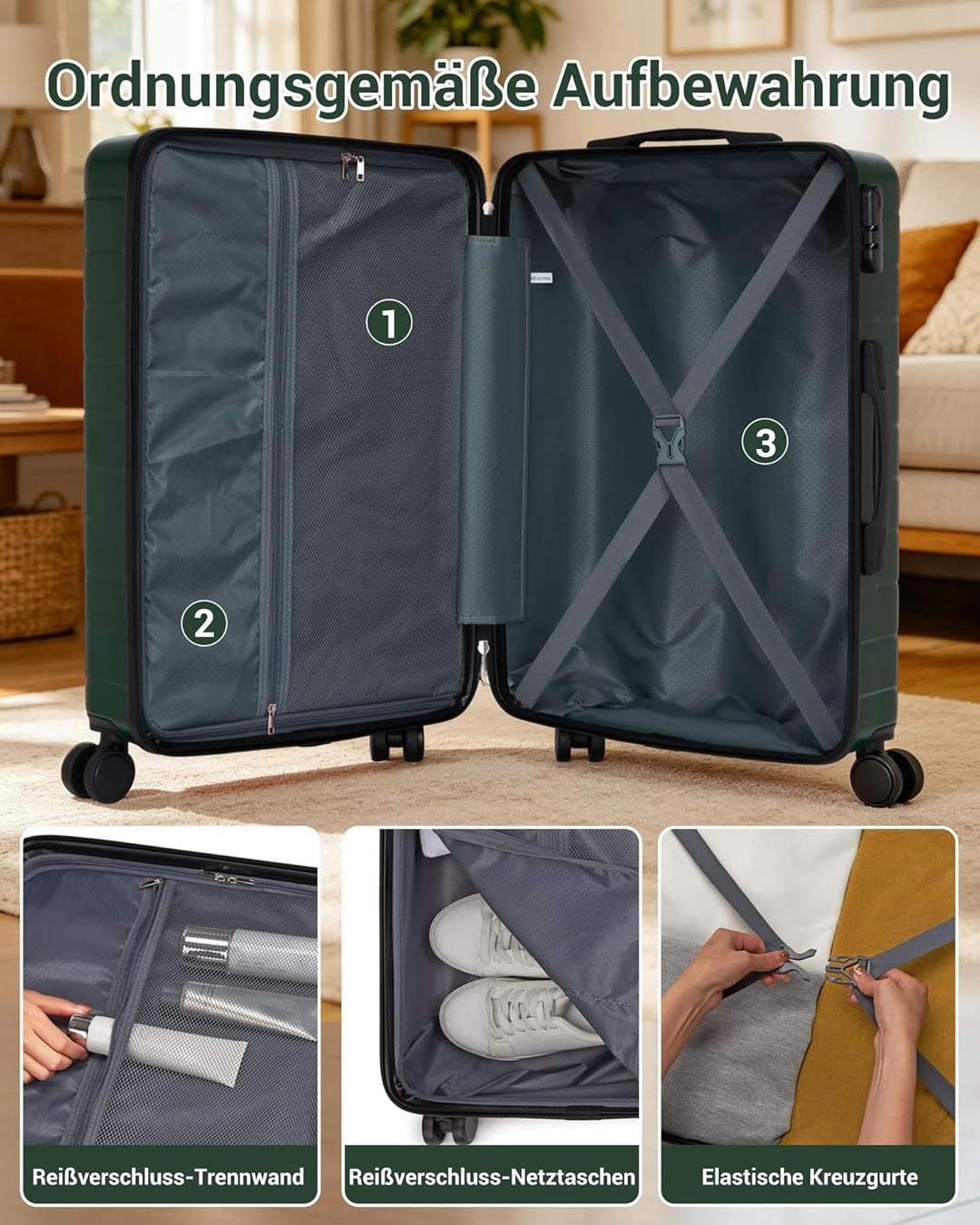 Handgepäck Koffer 3er Set, Leichter ABS+PC Reisekoffer für Flugzeug, Ryanair Trolley mit 4 Rollen, H