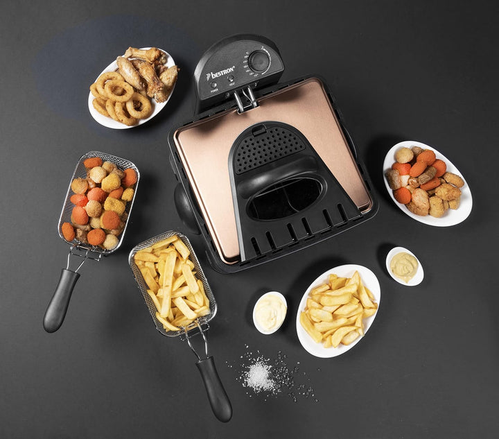 Bestron XL Öl-Fritteuse mit 3 Frittierkörben, inkl. Kaltzonentechnologie & herausnehmbaren Ölbehälte