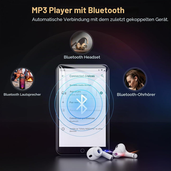 MP3 Player mit Bluetooth und WiFi, Oilsky 80GB 4 Zoll Android 9.0 Mp3, 1080P Touchscreen MP4 Player,