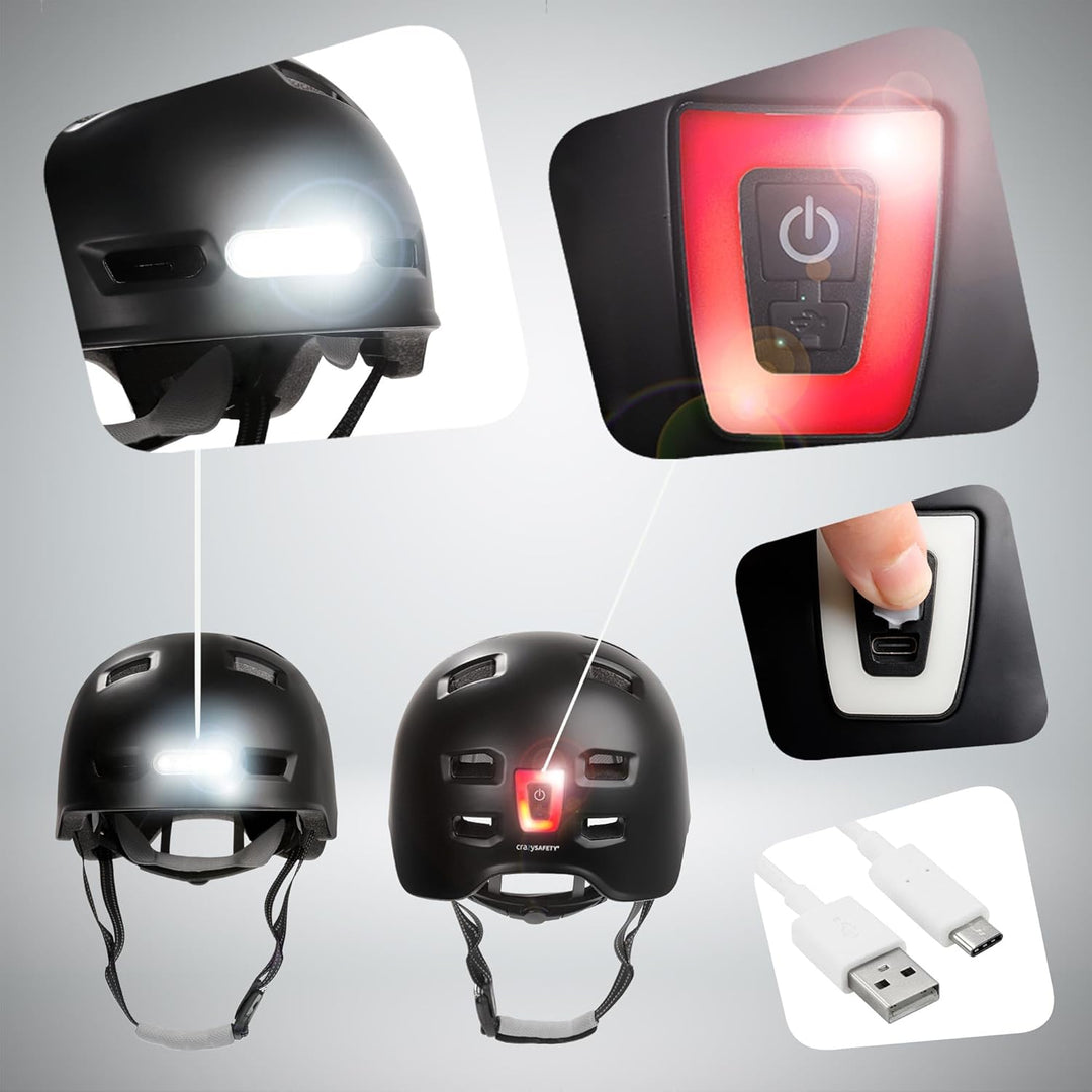 Crazy Safety Vertigo Matt Schwarz Fahrradhelm mit Vorder- und Rücklicht USB | Skater-Helm für Roller