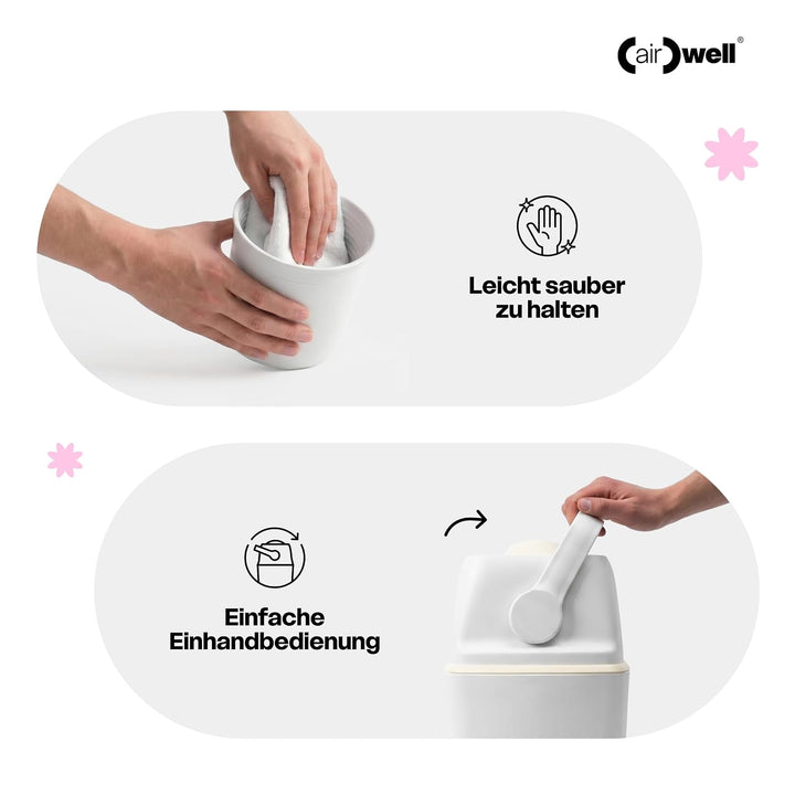 (air)well bin Windeleimer Geruchsdicht – Windelmülleimer mit Geruchsstopp-System, Einhändige Bedienu