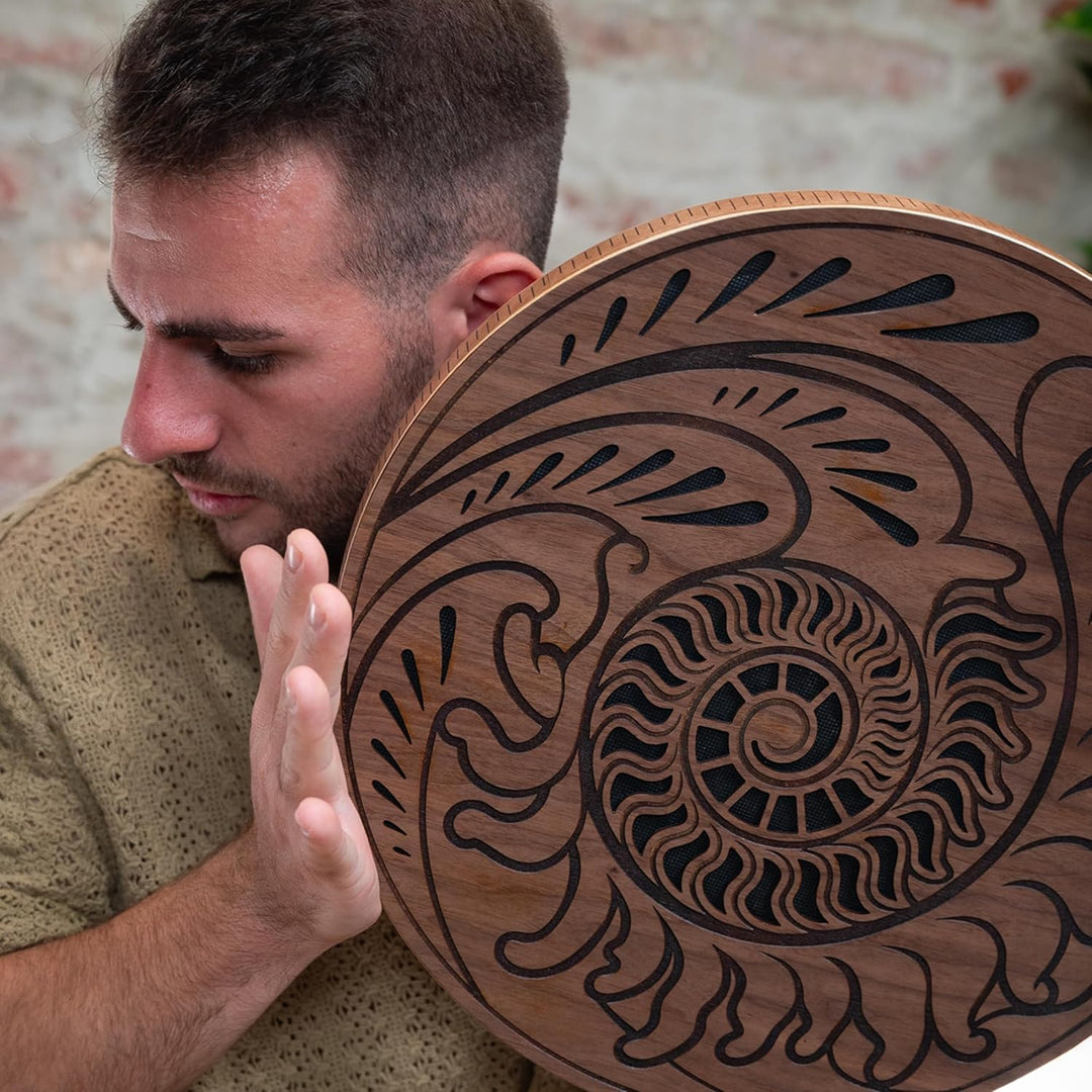 Sonic Energy 15 Zoll Rain Disk – Ozeanklang – Walnussholz mit Gravur – Für Therapie, Klangreise, Ent