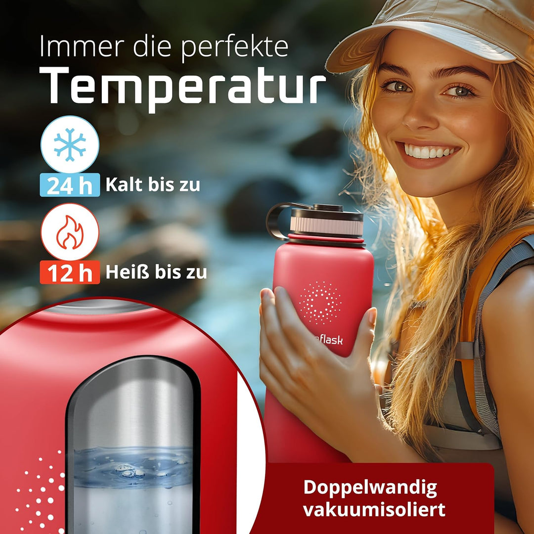 Trinkflasche Edelstahl ACTIVE FLASK + Strohhalm (3 Deckel) BPA-frei, Auslaufsicher, Kohlensäure geei