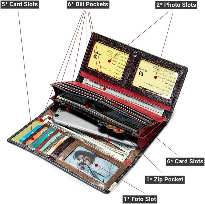 Eysee Portmonee Damen Gross aus Echtleder, Brieftaschen Geldbörse Damen mit Kartenfächer und Fotofen