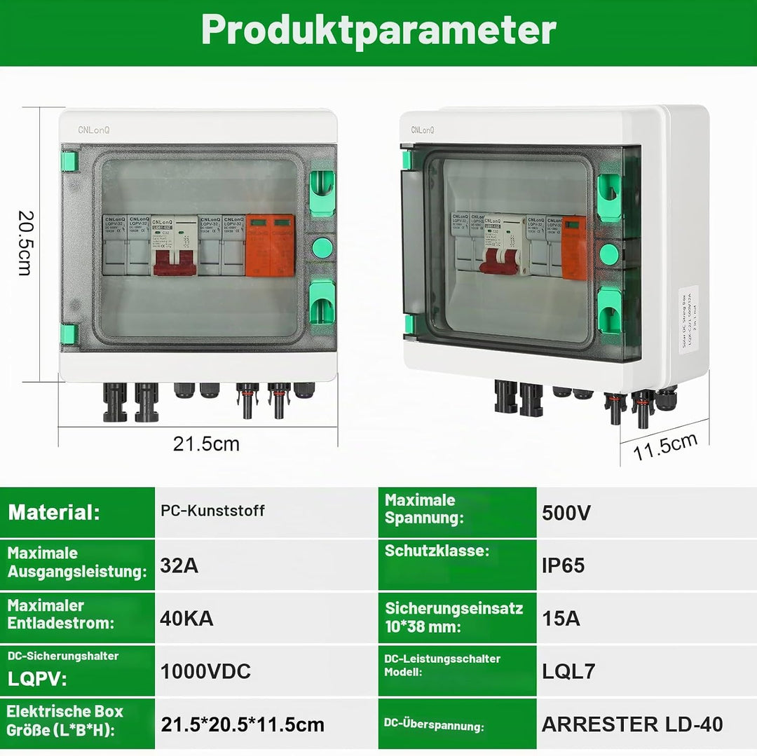 DEWIN 2 Saiten Solar PV Combiner Box, 2 String 500V 32A Solar PV Anschlusskasten Box 2 in 1 aus Wass