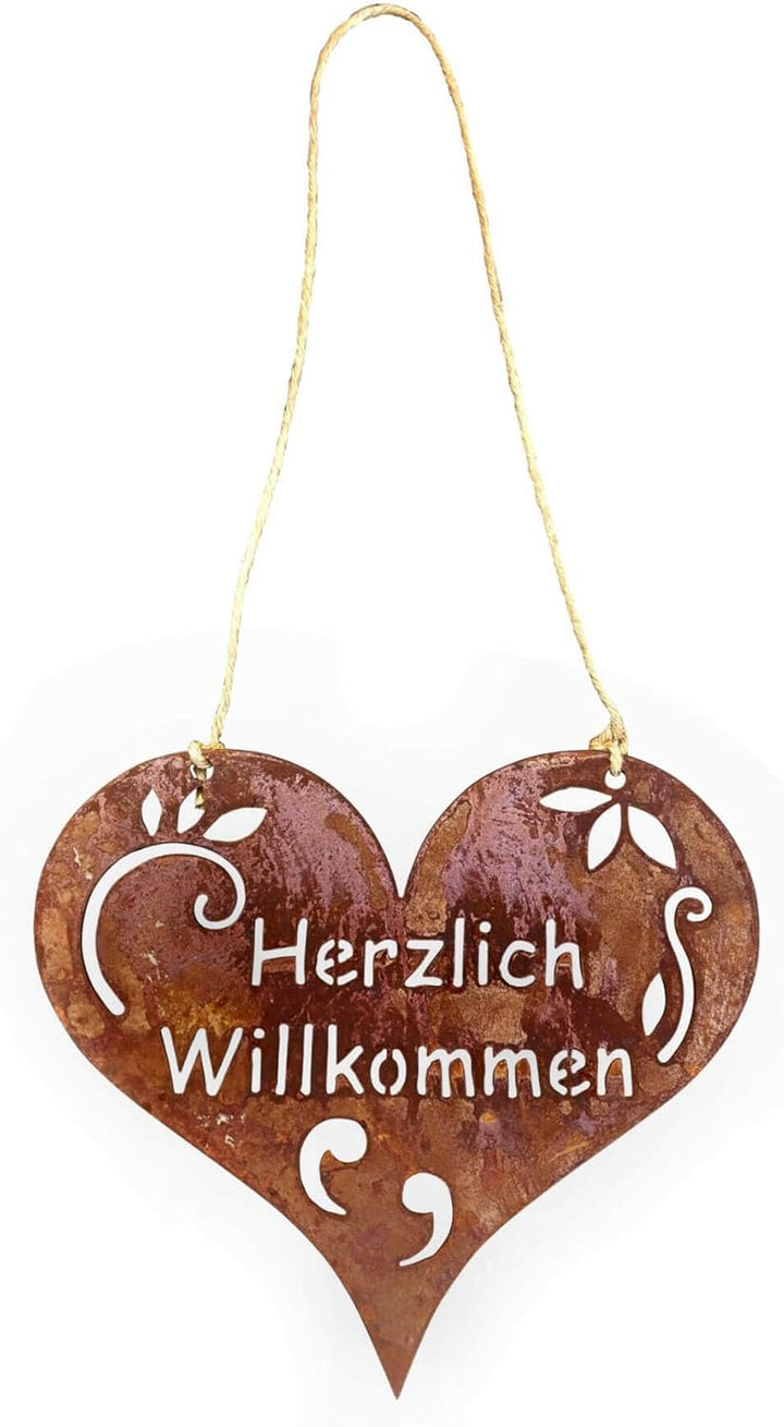 Radami Edelrost Herz - Willkommen - Schild Gartenstecker Metall Gartenfigur, Metall Figur Gartendeko