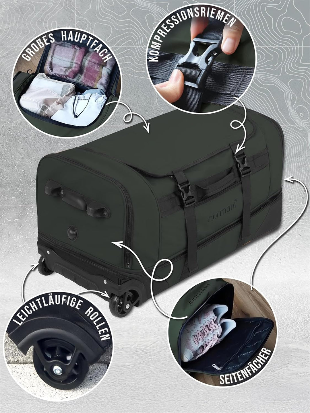 normani XXL Reisetasche 100-120 Liter 2-Rad Trolley gross Weichgepäck Travel Bag mit Rollen und 8 Fä
