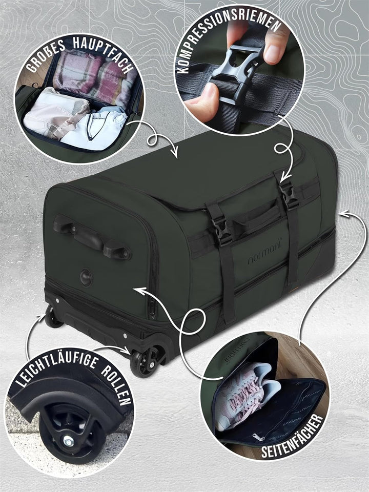 normani XXL Reisetasche 100-120 Liter 2-Rad Trolley gross Weichgepäck Travel Bag mit Rollen und 8 Fä